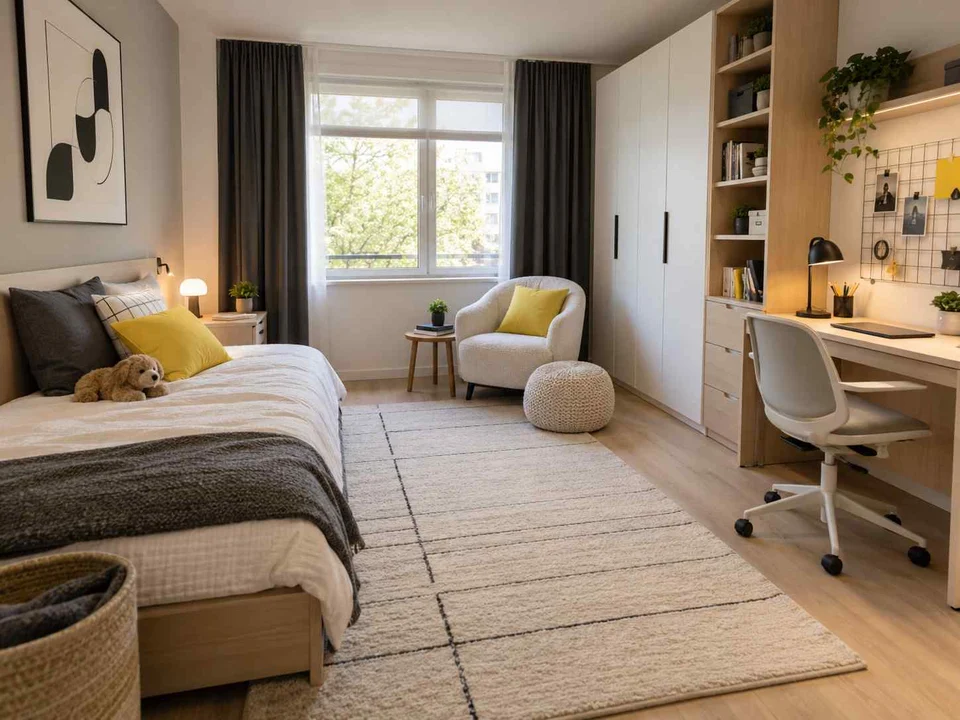 AI concept of a bedroom arranged around sleep, storage and a small sitting area, with black-and-white accents with touches of yellow