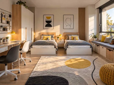 AI concept of a shared bedroom with twin sleeping areas and daylight from the window side, with black-and-white accents with touches of yellow