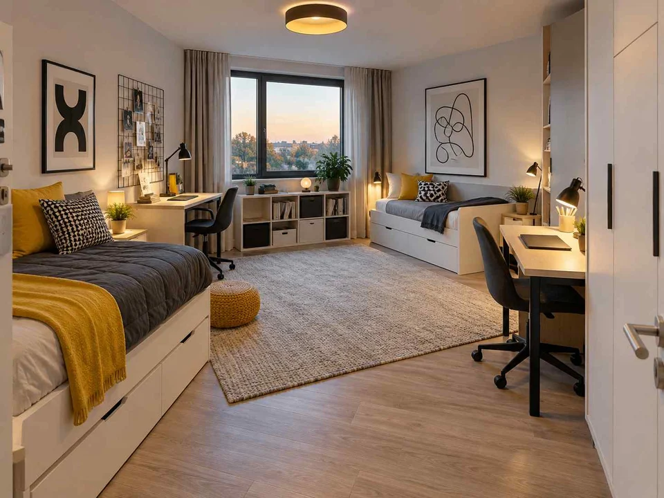 AI concept of a shared bedroom with two sleeping areas and desk space, with black-and-white accents with touches of yellow