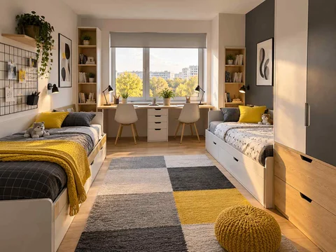 AI concept of two beds arranged around a shared central floor area, with black-and-white accents with touches of yellow