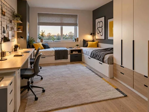 AI concept of a shared bedroom with two sleeping areas and study furniture, with black-and-white accents with touches of yellow