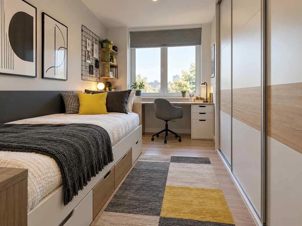 AI concept of a small bedroom with a bed, study furniture and integrated storage, with black-and-white accents with touches of yellow