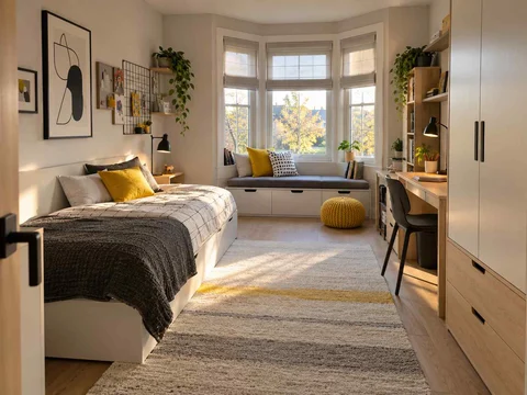 AI concept of a bedroom with a window-side seating area, with black-and-white accents with touches of yellow