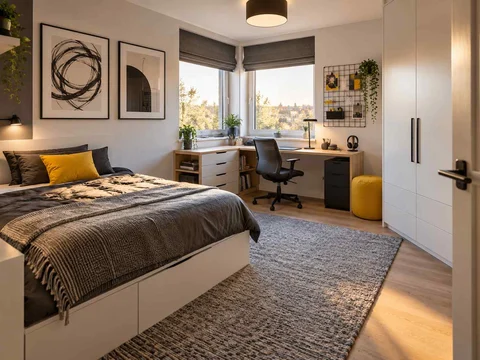 AI concept of a bedroom with a desk positioned near a window, with black-and-white accents with touches of yellow
