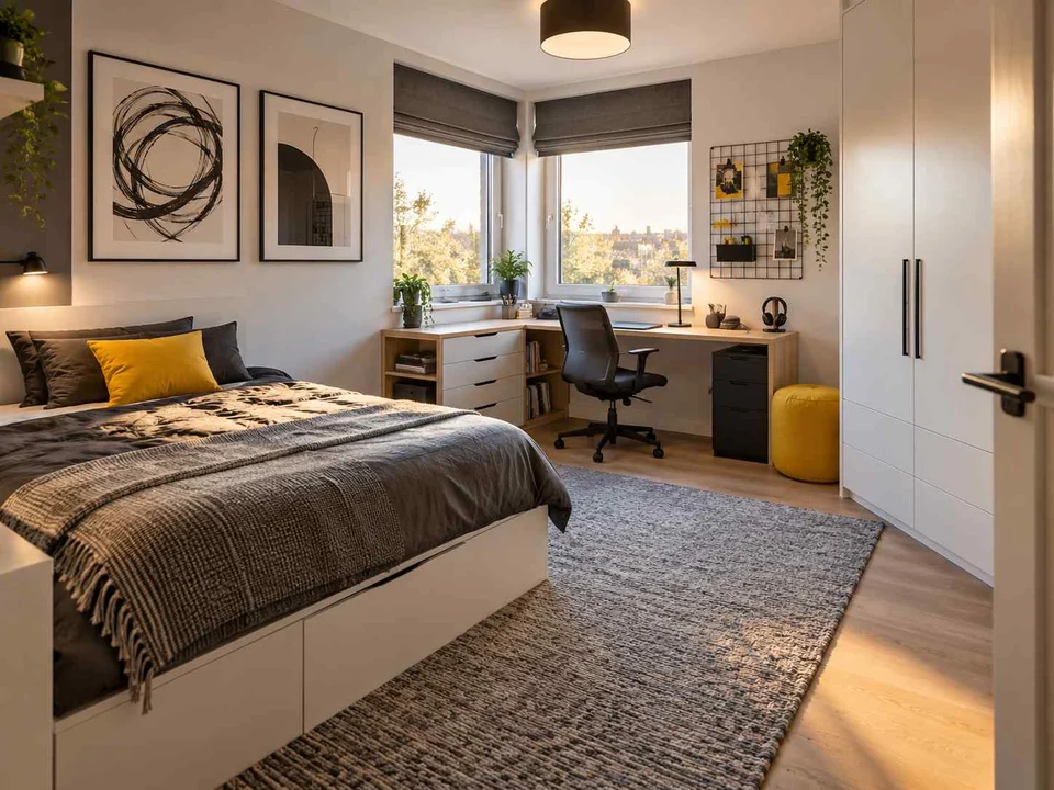 AI concept of a bedroom with a desk positioned near a window, with black-and-white accents with touches of yellow
