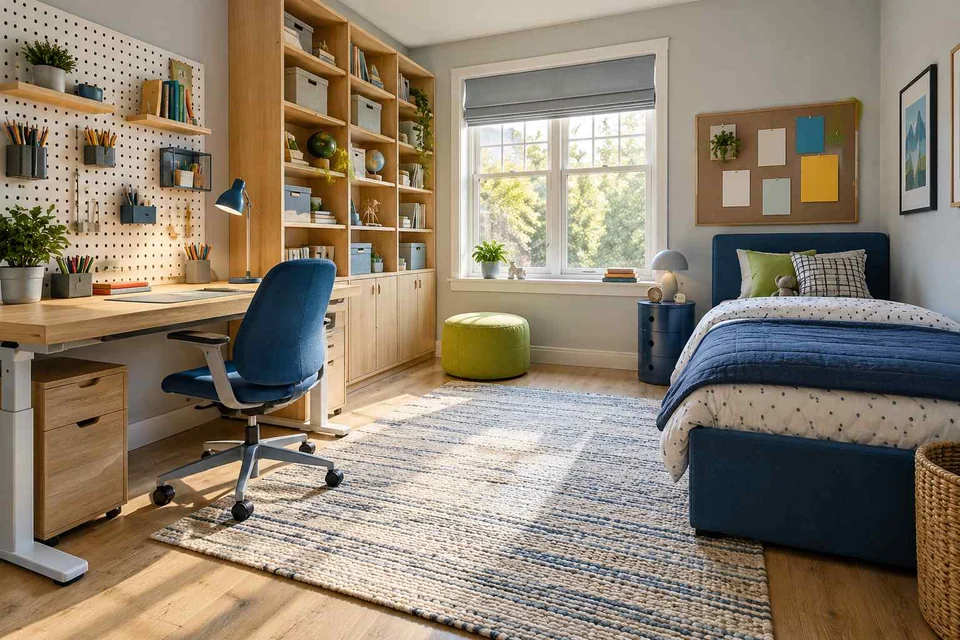 AI concept: a blue bed sits beside an extended study desk, pegboard and bookshelves