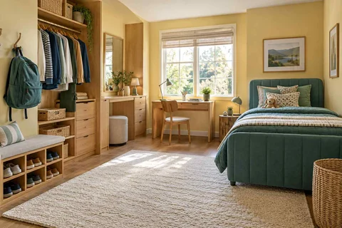 AI concept: open clothing storage, a shoe shelf and a low bed sit near a small window desk