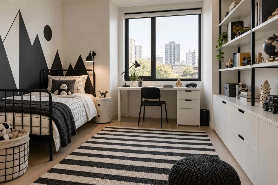 AI concept: a black metal bed, graphic mountain wall and striped rug in a monochrome bedroom
