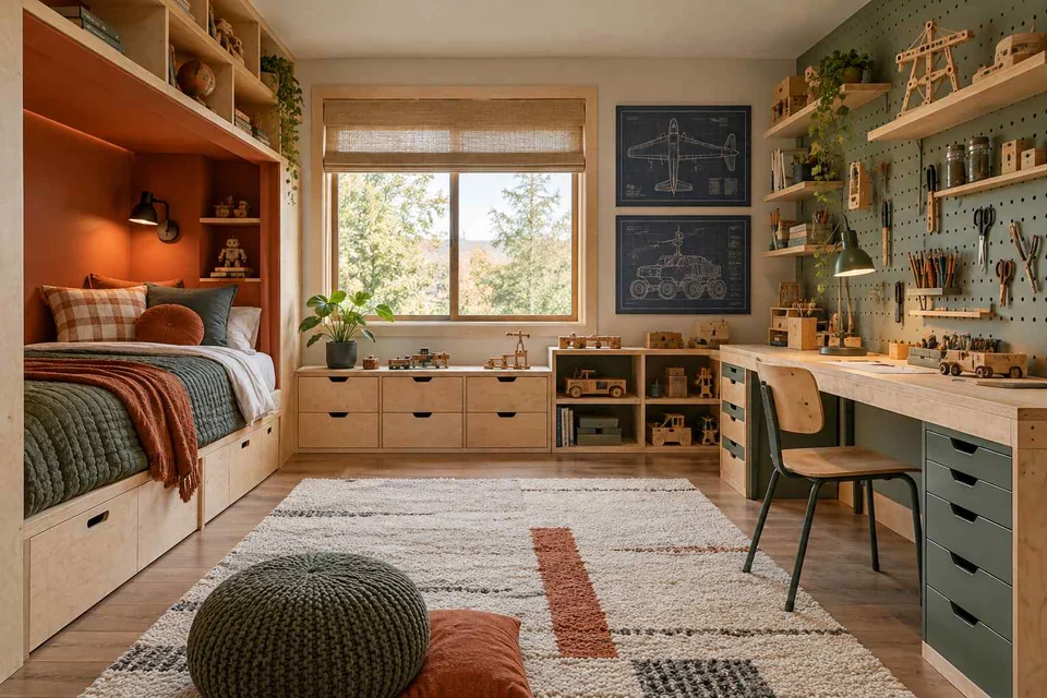 AI concept: an orange bed alcove, pegboard and shared worktop in an invention-themed bedroom