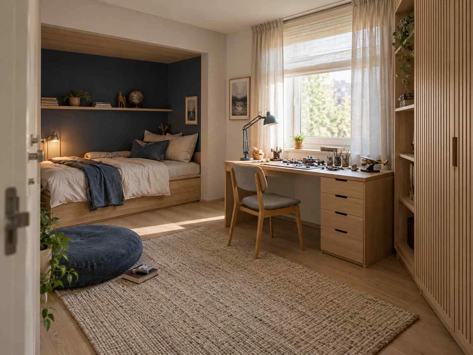 AI concept of a bedroom with a recessed sleeping area and a separate desk, with light timber and a restrained neutral palette