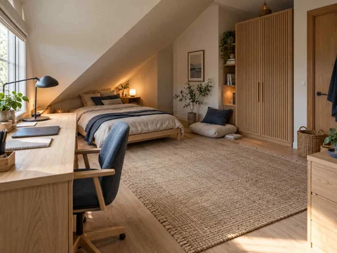 AI concept of a bedroom beneath a sloping ceiling with a bed and desk, with light timber and a restrained neutral palette
