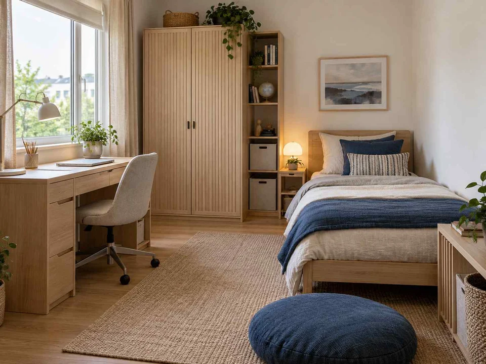 AI concept of a bedroom arranged with a bed, desk and storage furniture, with light timber and a restrained neutral palette