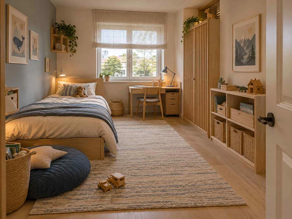 AI concept of a bedroom with cabinetry and shelving along the walls, with light timber and a restrained neutral palette
