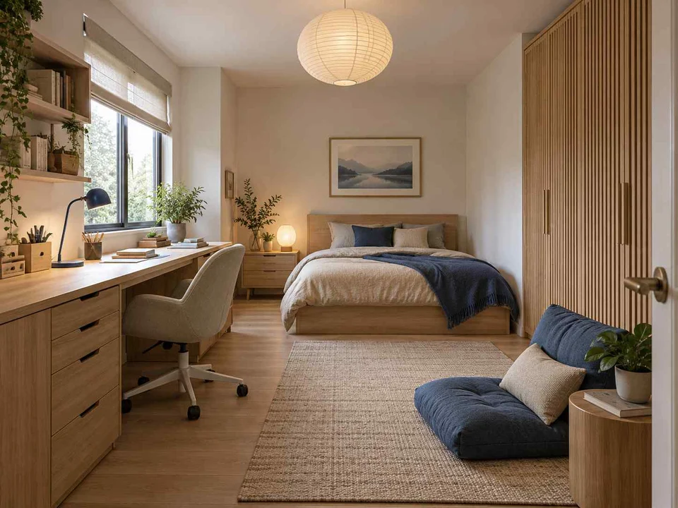 AI concept of a bedroom with desk space, task lighting and nearby storage, with light timber and a restrained neutral palette