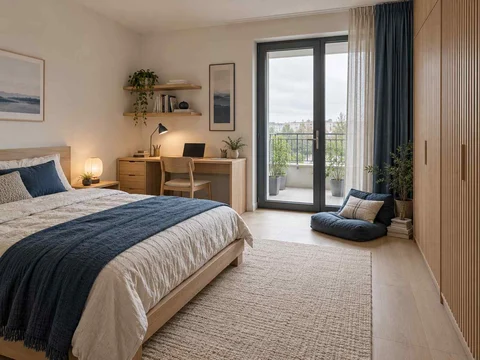 AI concept of a bedroom opening towards full-height glazed doors, with light timber and a restrained neutral palette