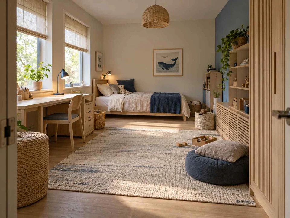 AI concept of a bedroom with a central rug and open floor space for play, with light timber and a restrained neutral palette