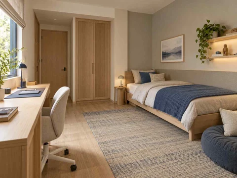AI concept of a bedroom with a study desk and storage beside the sleeping area, with light timber and a restrained neutral palette
