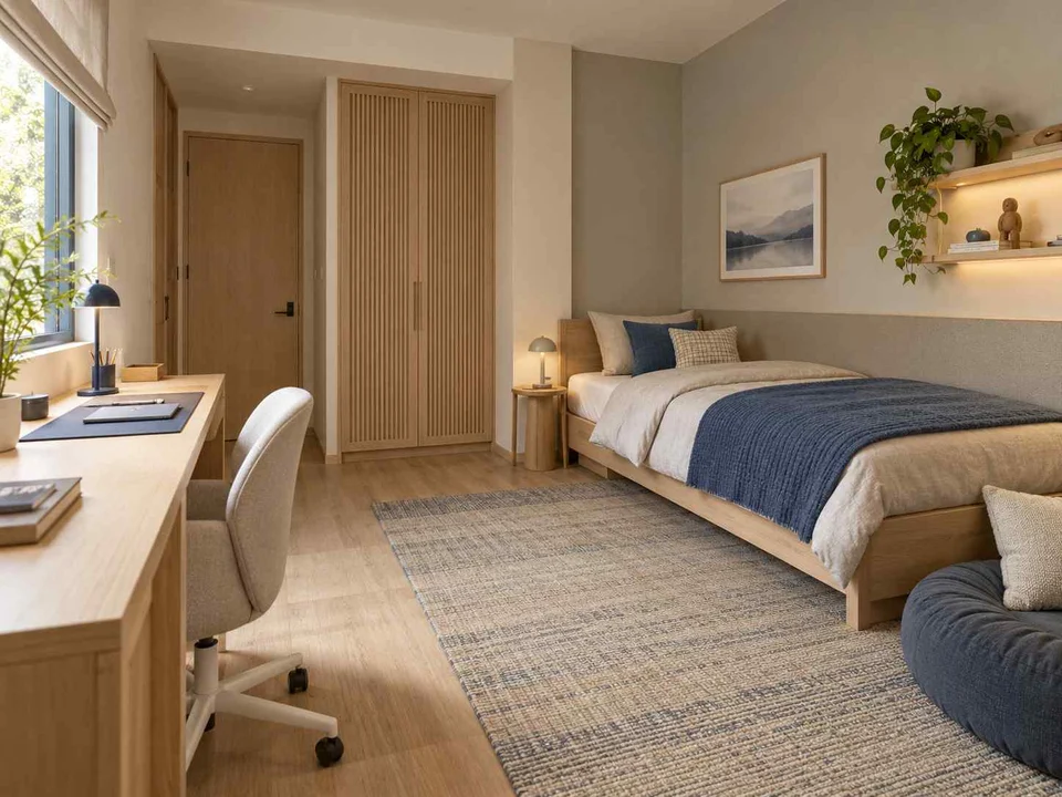 AI concept of a bedroom with a study desk and storage beside the sleeping area, with light timber and a restrained neutral palette