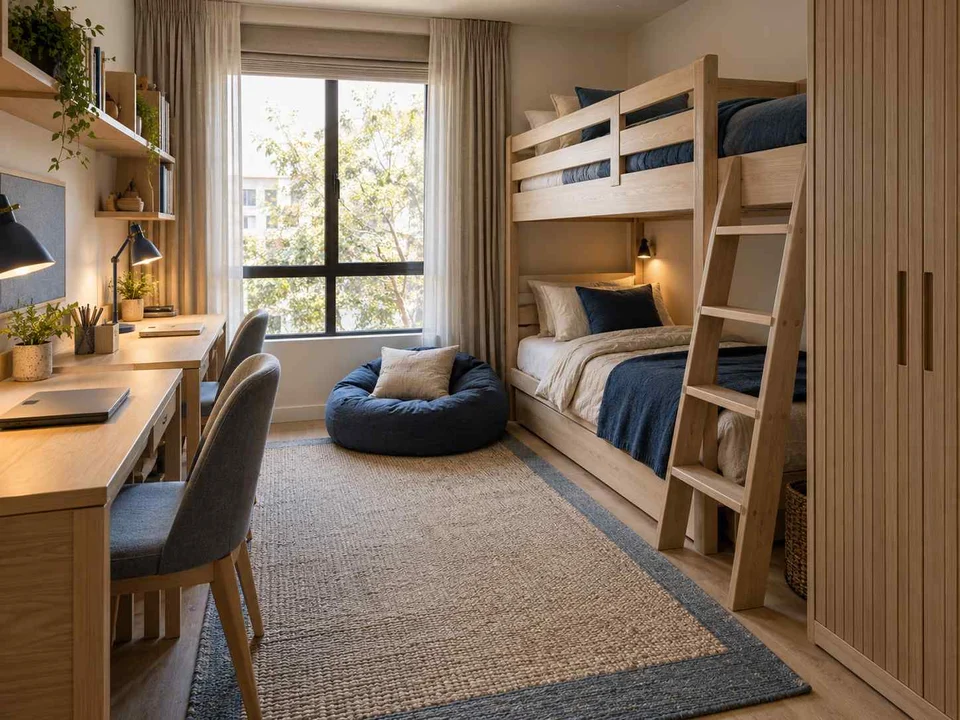 AI concept of bunk beds alongside study furniture and storage, with light timber and a restrained neutral palette