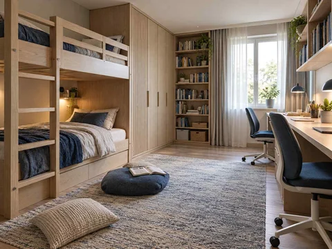 AI concept of bunk beds paired with bookshelves and study space, with light timber and a restrained neutral palette