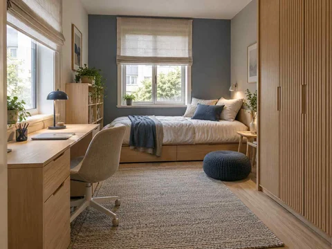 AI concept of a compact bedroom combining a bed, desk and storage, with light timber and a restrained neutral palette