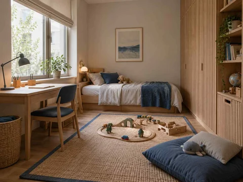 AI concept of a daylit bedroom with space for floor play, with light timber and a restrained neutral palette