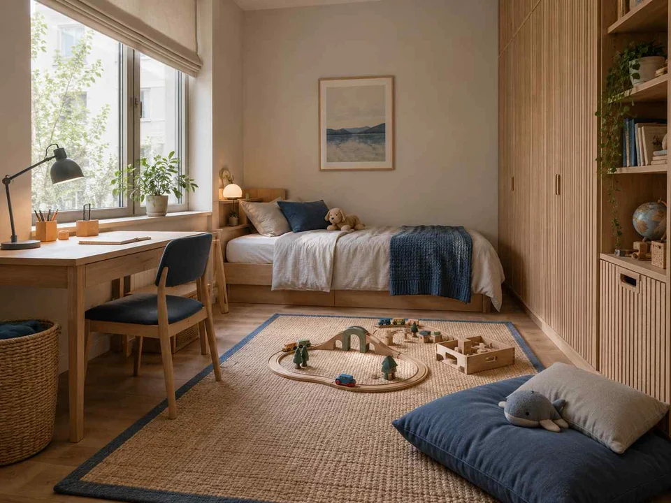 AI concept of a daylit bedroom with space for floor play, with light timber and a restrained neutral palette