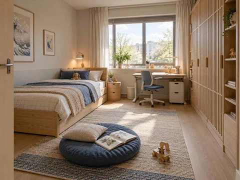 AI concept of a bedroom with a bed, study desk and open central floor space, with light timber and a restrained neutral palette