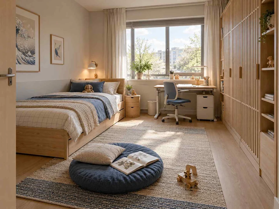 AI concept of a bedroom with a bed, study desk and open central floor space, with light timber and a restrained neutral palette
