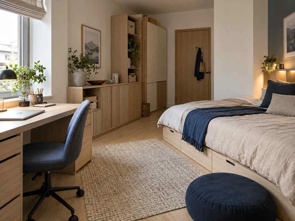 AI concept of a bedroom combining low storage with taller cabinetry or shelving, with light timber and a restrained neutral palette