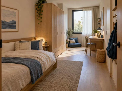 AI concept of a long bedroom with sleeping and study areas arranged along its length, with light timber and a restrained neutral palette