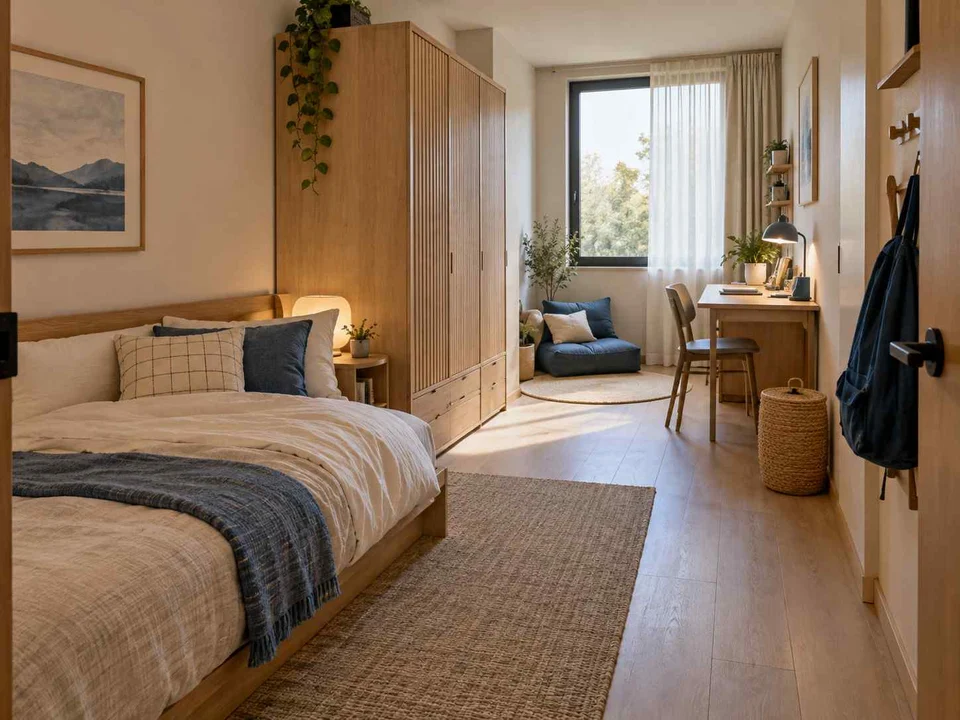 AI concept of a long bedroom with sleeping and study areas arranged along its length, with light timber and a restrained neutral palette