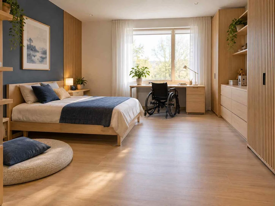 AI concept of a bedroom with an open central floor area and furniture arranged around its edges, with light timber and a restrained neutral palette