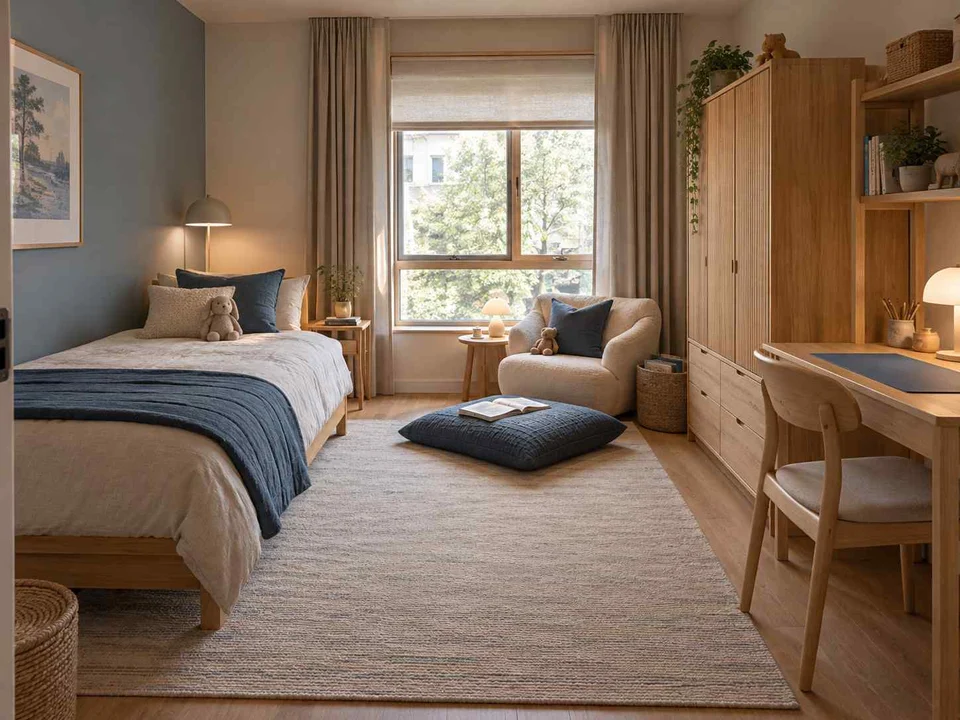 AI concept of a bedroom arranged around sleep, storage and a small sitting area, with light timber and a restrained neutral palette