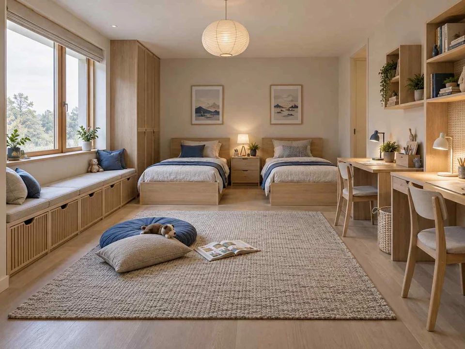 AI concept of a shared bedroom with twin sleeping areas and daylight from the window side, with light timber and a restrained neutral palette