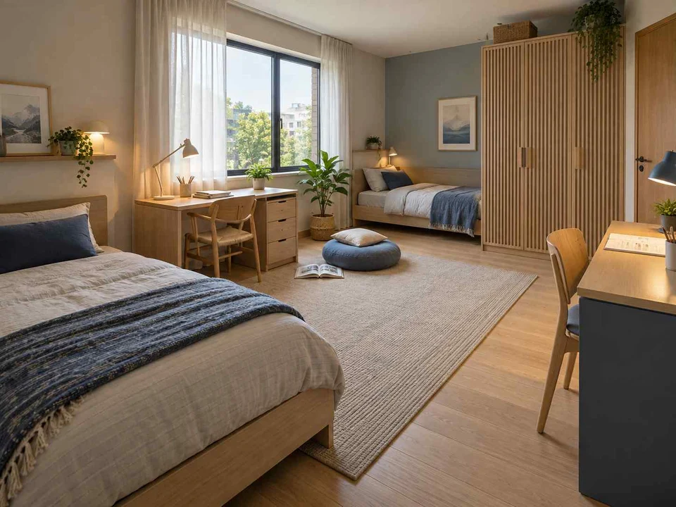 AI concept of a shared bedroom with two sleeping areas and desk space, with light timber and a restrained neutral palette