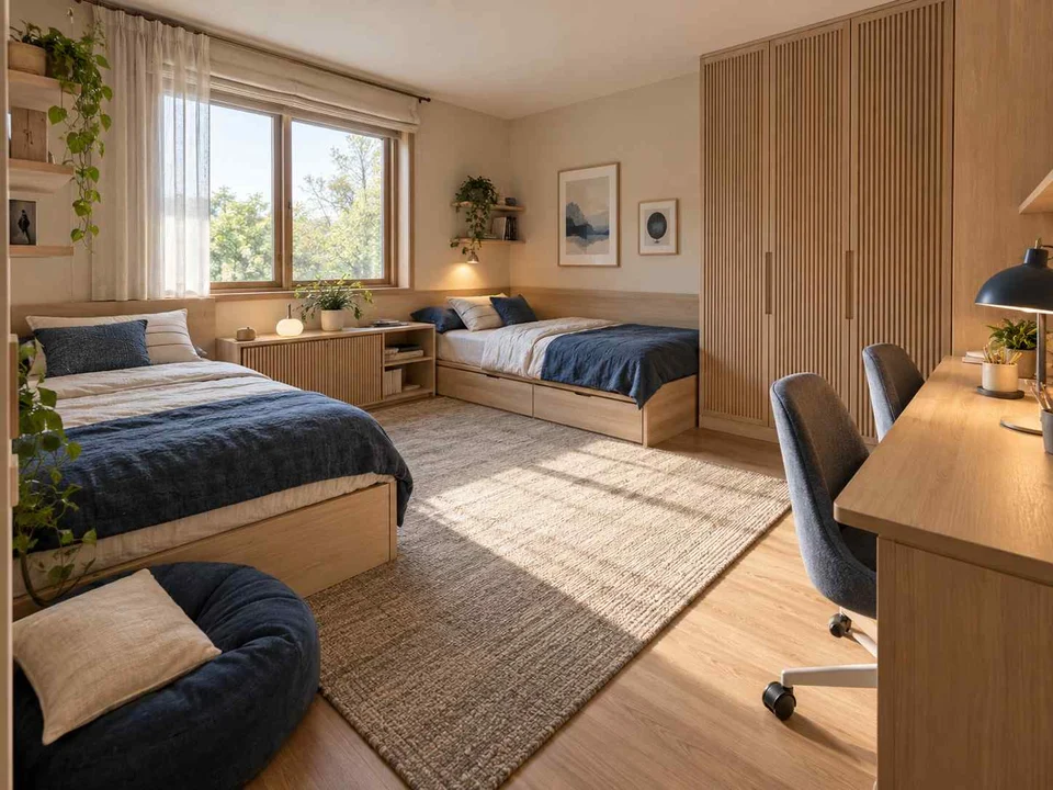 AI concept of a shared bedroom with two sleeping areas and study furniture, with light timber and a restrained neutral palette