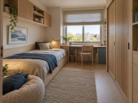 AI concept of a small bedroom with a bed, study furniture and integrated storage, with light timber and a restrained neutral palette