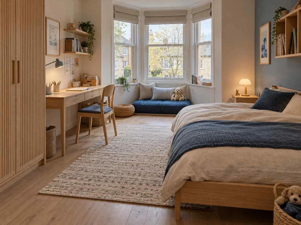 AI concept of a bedroom with a window-side seating area, with light timber and a restrained neutral palette