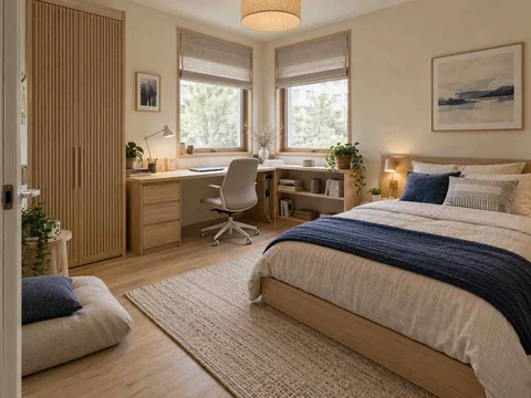 AI concept of a bedroom with a desk positioned near a window, with light timber and a restrained neutral palette
