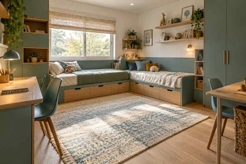 AI concept: two single beds arranged in an L shape with under-bed drawers and a nearby desk