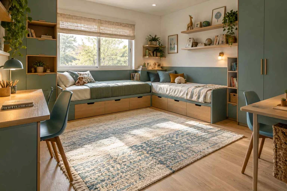 AI concept: two single beds arranged in an L shape with under-bed drawers and a nearby desk