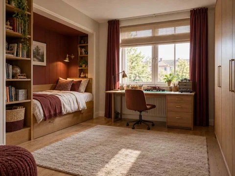 AI concept of a bedroom with a recessed sleeping area and a separate desk, with warm wood bookshelves and burgundy accents