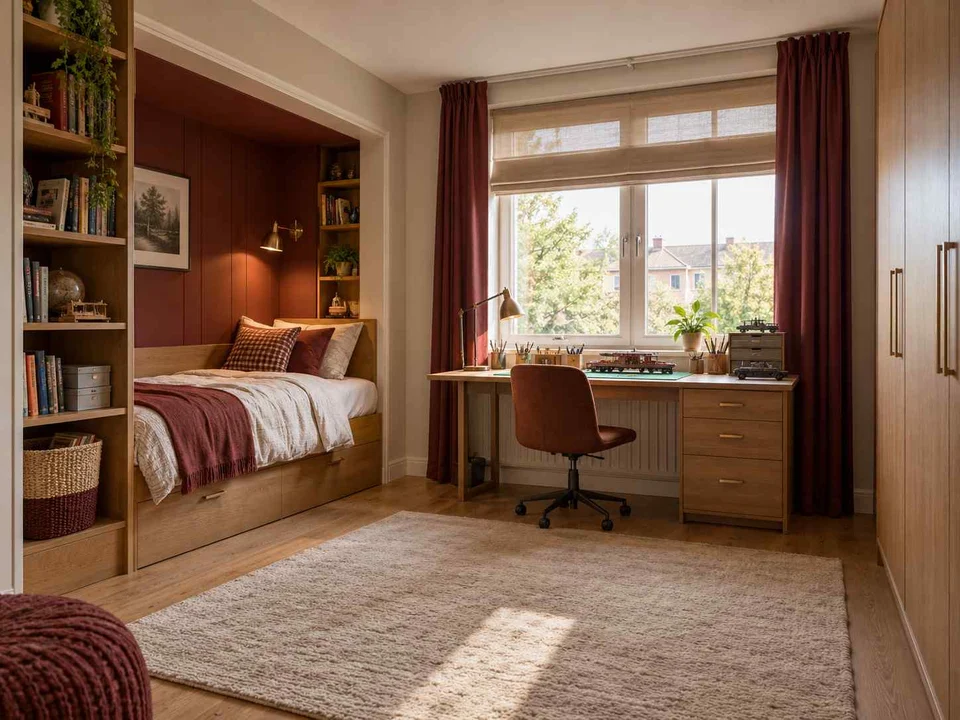 AI concept of a bedroom with a recessed sleeping area and a separate desk, with warm wood bookshelves and burgundy accents