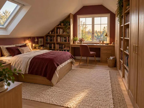 AI concept of a bedroom beneath a sloping ceiling with a bed and desk, with warm wood bookshelves and burgundy accents