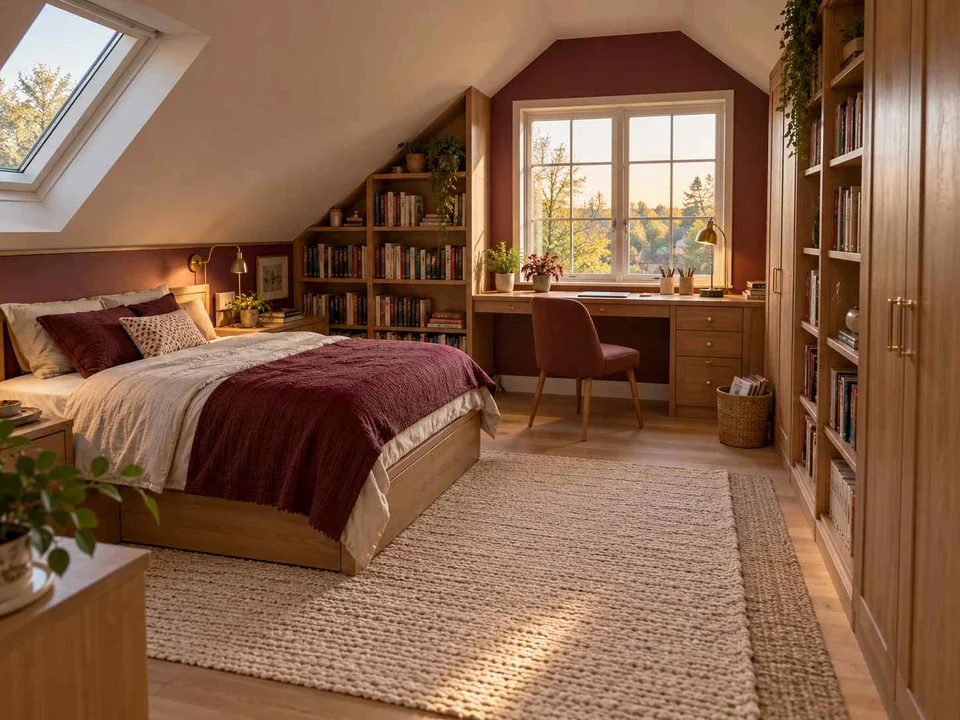 AI concept of a bedroom beneath a sloping ceiling with a bed and desk, with warm wood bookshelves and burgundy accents
