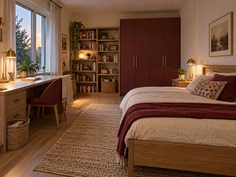 AI concept of a bedroom arranged with a bed, desk and storage furniture, with warm wood bookshelves and burgundy accents