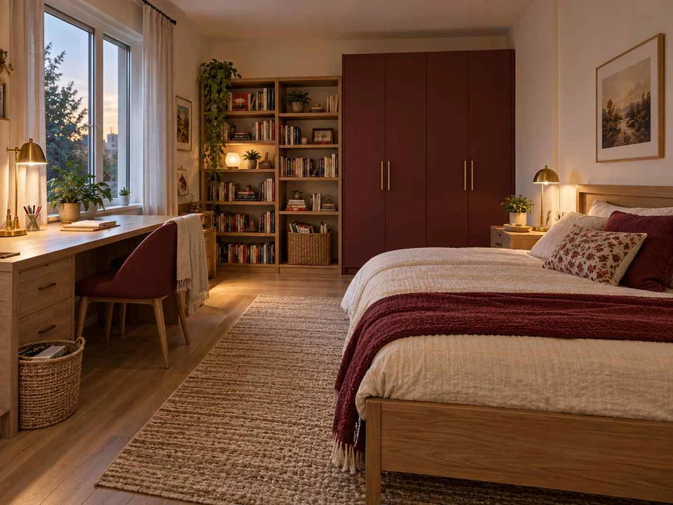 AI concept of a bedroom arranged with a bed, desk and storage furniture, with warm wood bookshelves and burgundy accents