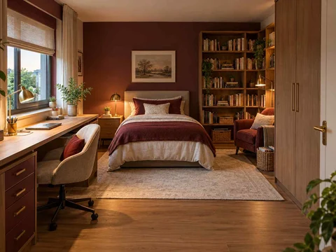 AI concept of a bedroom with desk space, task lighting and nearby storage, with warm wood bookshelves and burgundy accents