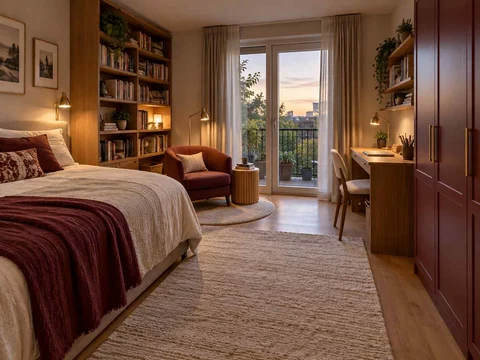 AI concept of a bedroom opening towards full-height glazed doors, with warm wood bookshelves and burgundy accents
